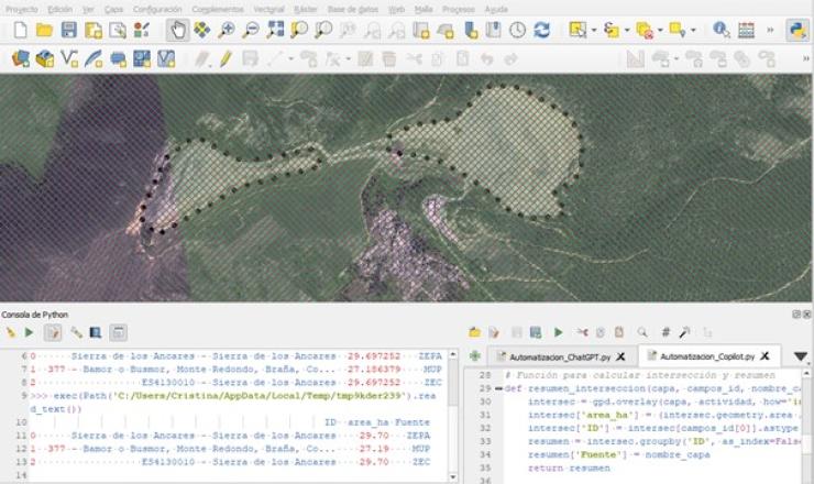 Figura 1. Scripts en Python que automatiza tareas en QGIS. Fuente. Cristina López